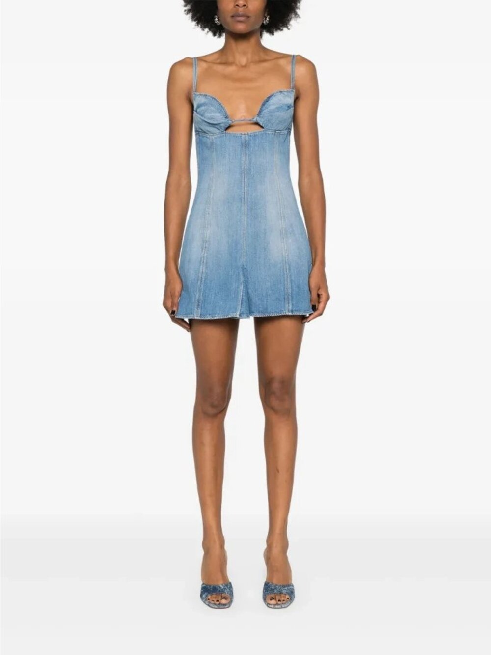Nensi Dojaka Blue Denim Godet Ruffle Mini Dress NWT $1,095, Size Small